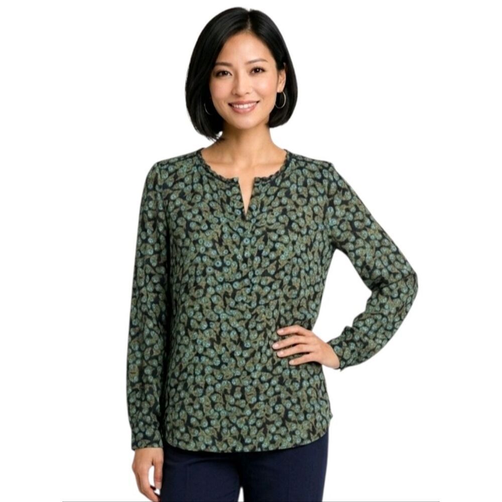 Talbots Black Peacock Feather Print Split Button Neck Long Sleeve Blouse Size M